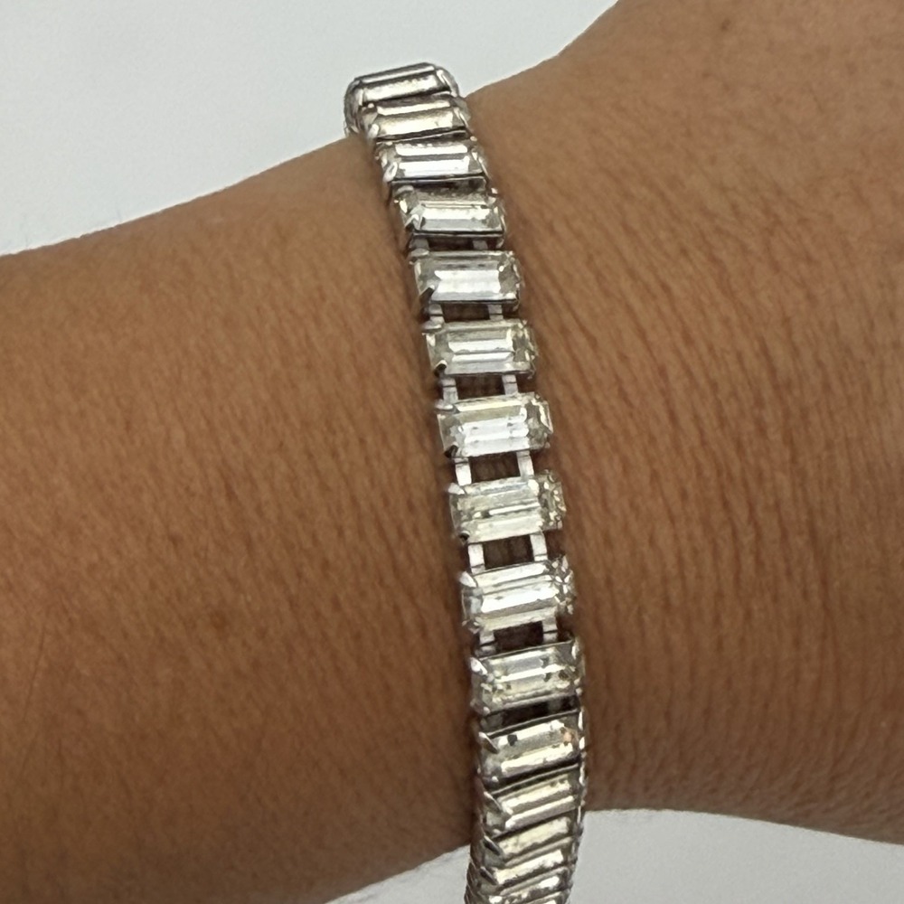 Vintage Art Deco Geometric Baguette Rhinestone Bracelet Security Clasp Sz 7.25